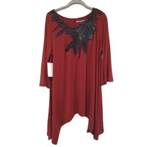 Roaman's Tunic Womens Size 12 Rust Black Trim Sharkbite Trumpet Sleeves